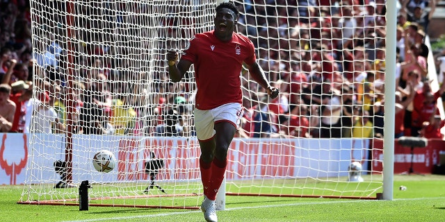 Nottingham Forest's Taiwo Awoniyi celebrates after scoring against West Ham on Sunday, Aug. 14, 2022.