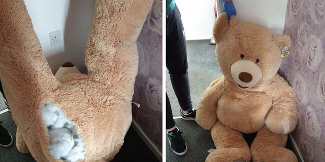 A giant teddy bear in which police say a teenager hid in to evade authorities. 