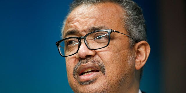 The head of the World Health Organization, Tedros Adhanom Ghebreyesus speaks during a media conference in Brussels on Feb. 18, 2022.
