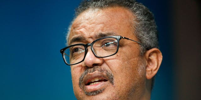 The head of the World Health Organization, Tedros Adhanom Ghebreyesus speaks during a media conference in Brussels on Feb. 18, 2022.