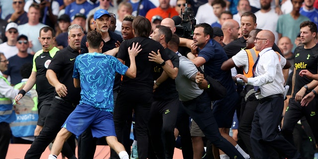 Tottenham's head coach Antonio Conte celebrated the Spurs’ first game-tying goal by barging into the chest of Chelsea's head coach Thomas Tuchel, sparking a melee among the two sets of coaching staff.