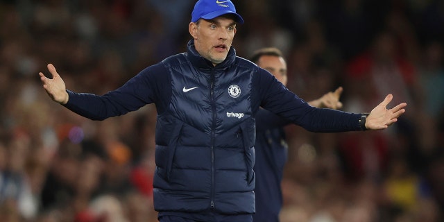 Chelsea's head coach Thomas Tuchel reacts during the English Premier League soccer match between Southampton and Chelsea at St Mary's Stadium, Southampton, England, Tuesday, Aug. 30, 2022.