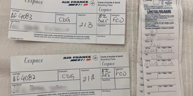 The tickets for one family (shown here) are proof of their handwritten boarding passes after machines were down upon their arrival at the airport.