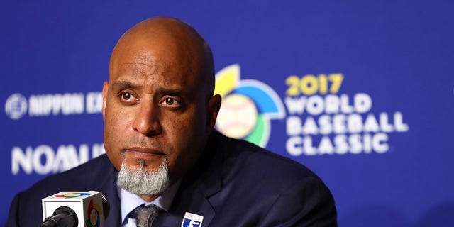 MLB Players Association Executive Director Tony Clark is seen during a press conference before Game 3 of the championship round of the 2017 World Baseball Classic between Team USA and Team Puerto Rico at Dodger Stadium in Los Angeles on March 22, 2017.