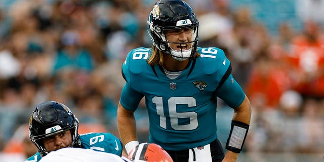 Jacksonville Jaguars quarterback Trevor Lawrence (16) calls out a play during a game against the Cleveland Browns Aug. 12, 2022, at TIAA Bank Field in Jacksonville, Fla.