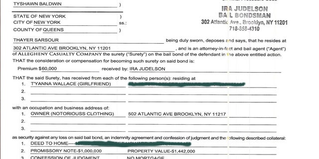 A bail document showing that Biggie Small's daughter posted boyfriend Tyshawn Baldwin's $1 million bond.