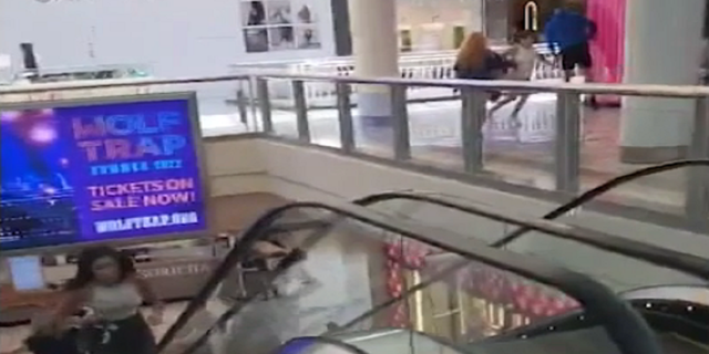 A woman is seen running up at escalator as panicked shoppers flee the Tysons Corner Center mall.