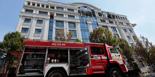 A view of the Donetsk People's Republic administration building damaged by shelling in Donetsk, separatist Donetsk People's Republic, eastern Ukraine, Tuesday Aug. 23, 2022.
