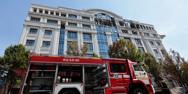 A view of the Donetsk People's Republic administration building damaged by shelling in Donetsk, separatist Donetsk People's Republic, eastern Ukraine, Tuesday Aug. 23, 2022.