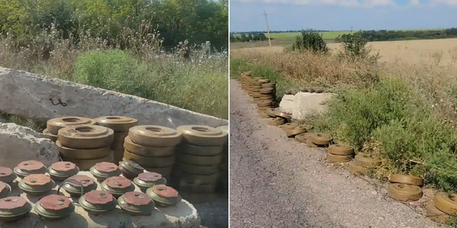 A video taken by a former U.S. Army Green Beret purportedly shows stacks of mines that have been removed from a field in Ukraine.