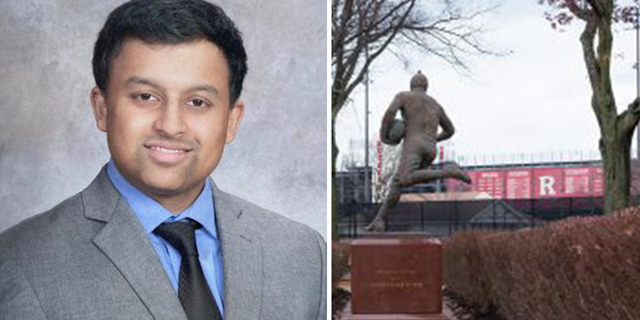 O3 Books founder Pathik Oza, at left; at right, a view of the football player sculpture on the Scarlet Walk at Rutgers University Busch Campus.