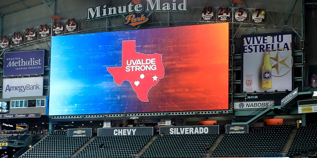 Members of the community of Uvalde, Texas attend the game as the Houston Astros host Uvalde Strong Day before the game against the Oakland Athletics at Minute Maid Park on August 14, 2022 in Houston.  The Astros are busing in 500 members of the Uvalde community and have distributed 2,500 additional tickets.