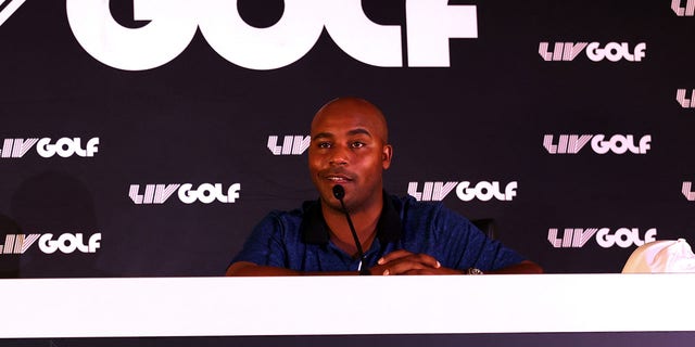 Harold Varner III speaks to the media during a press conference prior to the LIV Golf Invitational Boston at The Oaks golf course at The International  in Bolton, Massachusetts, on Aug. 31, 2022.