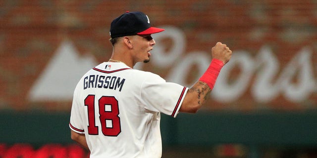 Atlanta Braves rookie second baseman Vaughn Grissom reacts to the end of the game against the New York Mets at Truist Park in Atlanta, Georgia, on Aug. 16, 2022.