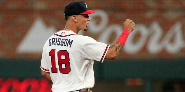 Atlanta Braves rookie second baseman Vaughn Grissom reacts to the end of the game against the New York Mets at Truist Park in Atlanta, Georgia, on Aug. 16, 2022.