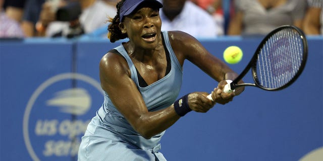Venus Williams of the United States returns a shot to Rebecca Marino of Canada during Day 3 of the Citi Open at Rock Creek Tennis Center on August 01, 2022 in Washington, DC.