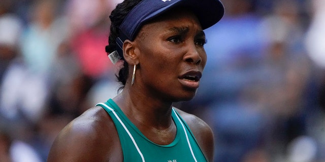 Venus Williams reacts during a match against Alison Van Uytvanck of Belgium during the first round of the U.S. Open in New York on Aug. 30, 2022.