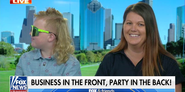 USA mullet championship winner Emmitt Bailey (left) showed off his locks on "Fox and Friends" alongside his mom, Erin Bailey, on Aug. 22, 2022.