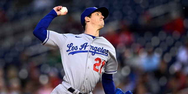 Los Angeles Dodgers starting pitcher Walker Buehler delivers against the Washington Nationals on May 24, 2022, in Washington, D.C.