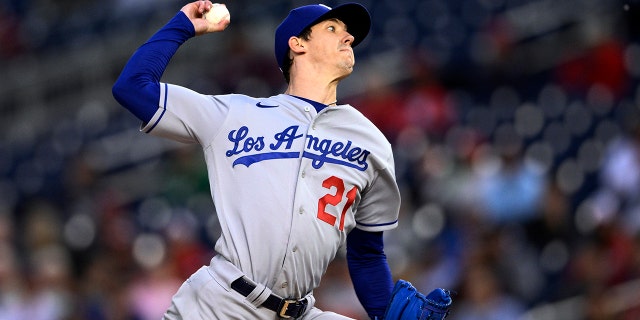 Los Angeles Dodgers starting pitcher Walker Buehler delivers against the Washington Nationals on May 24, 2022, in Washington, D.C.