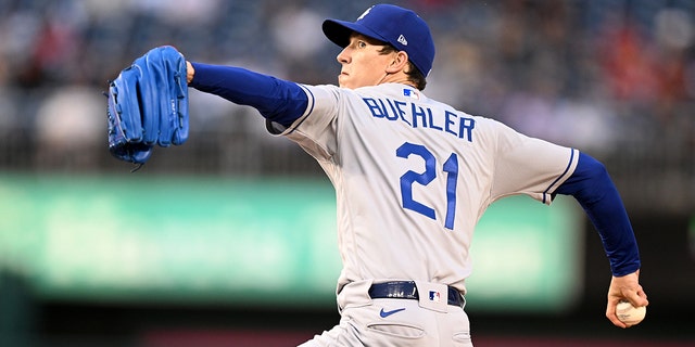 Walker Buehler of the Los Angeles Dodgers pitches against the Washington Nationals at Nationals Park on May 24, 2022, in Washington, D.C.