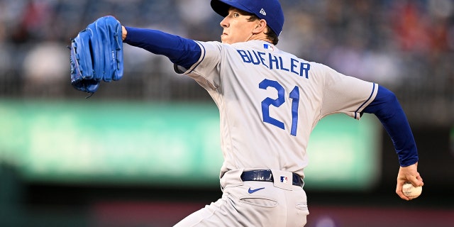 Walker Buehler of the Los Angeles Dodgers pitches against the Washington Nationals at Nationals Park on May 24, 2022, in Washington, D.C.