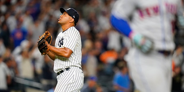 New York Yankees relief pitcher Wandy Peralta celebrates after a baseball game against the New York Mets Tuesday, Aug. 23, 2022, in New York. The Yankees won 4-2.