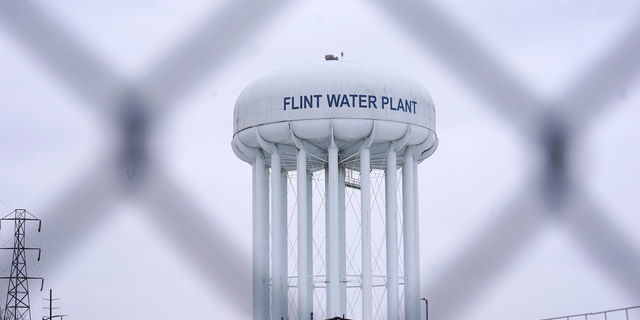 The Flint water plant tower is seen in Flint, Michigan. A judge declared a mistrial Thursday after jurors said they couldn't reach a verdict in a dispute over whether two engineering firms should bear some responsibility for Flint's lead-contaminated water.