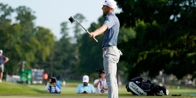 Will Zalatoris celebrates after defeating Sepp Straka, of Austria, in a playoff in the final round of the St. Jude Championship golf tournament, Sunday, Aug. 14, 2022, in Memphis, Tenn.
