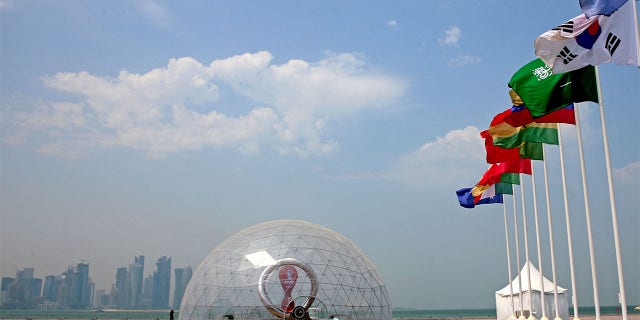 A general view shows the dome covering the Qatar 2022 FIFA World Cup countdown clock in Doha on August 10, 2022. - The World Cup's start will be brought forward by a day to allow hosts Qatar to play the opening game, sources told, just over three months before the competition gets underway. Qatar will now play Ecuador on November 20, 24 hours earlier than planned, in a move that FIFA's ruling council was expected to confirm soon, according to sources with knowledge of the matter. 