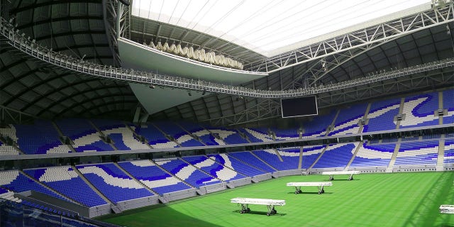 General view of the Al Janoub Stadium, one of the eight venues to host the FIFA World Cup 2022 in Qatar. The stadium was designed by British-Iraqi architect Zaha Hadid, and is located near the former fishing town of Wakrah in Qatar. On July 4, 2022 in Doha, Qatar. 