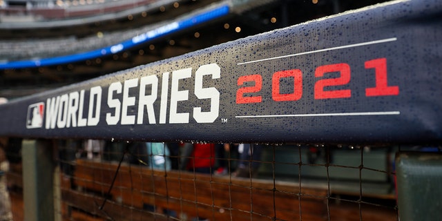 The World Series logo is shown on the dugout rail prior to Game 3 of the 2021 World Series between the Houston Astros and the Atlanta Braves at Truist Park in Atlanta, Georgia, on Oct. 29, 2021.
