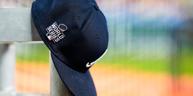 A view of the World Series logo on an Atlanta Braves hat prior to Game 2 of the 2021 World Series between the Braves and the Houston Astros at Minute Maid Park, Oct. 27, 2021, in Houston, Texas.