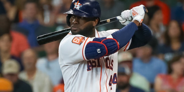 Houston Astros designated hitter Yordan Alvarez watches the pitch in the bottom of the third inning against the Boston Red Sox, Aug. 3, 2022, at Minute Maid Park in Houston, Texas.