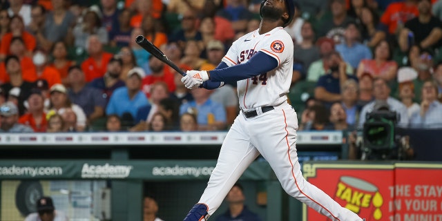 Houston Astros designated hitter Yordan Alvarez watches his hit in the bottom of the third inning against the Boston Red Sox, Aug. 3, 2022, at Minute Maid Park in Houston, Texas.