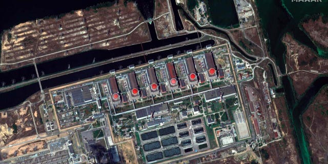 This satellite image provided by Maxar Technologies shows the Zaporizhzhia nuclear plant in Russian occupied Ukraine, Friday, Aug. 19, 2022.