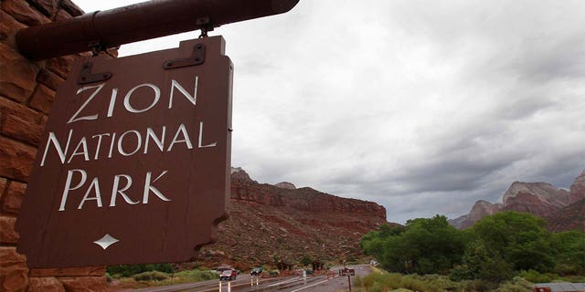 Cars enter Zion's National Park in Springdale, Utah.