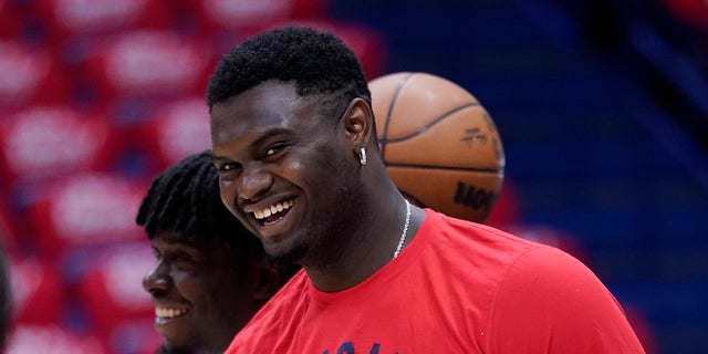 New Orleans Pelicans forward Zion Williamson watches a shootaround before Game 6 of the team's first-round playoff series against the Phoenix Suns, April 29, 2022, in New Orleans.