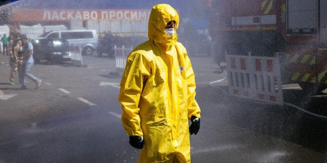 Rescuers from the Ministry of Emergencies of Ukraine take part in an exercise in the city of Zaporizhia in case of a possible nuclear accident at the nearby Zaporizhia nuclear power plant on August 17, 2022.