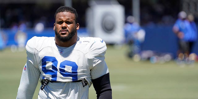 Aaron Donald #99 of the Rams works out during the Los Angeles Rams Training Camp on Aug. 6, 2022, at UC Irvine in Irvine, CA.