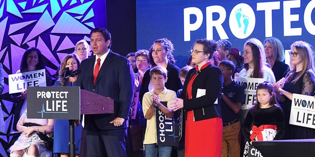 Florida Gov. Ron DeSantis speaks to pro-life supporters before signing the state's 15-week abortion ban into law at Nacion de Fe church in Kissimmee. 
