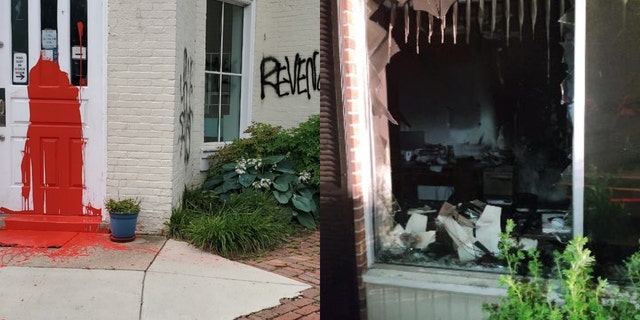 Graffiti and red paint found at Capitol Hill Pregnancy Center in Washington, D.C., left, and a pro-life pregnancy center's office building in Buffalo, New York, was vandalized and the scene of suspected arson.
