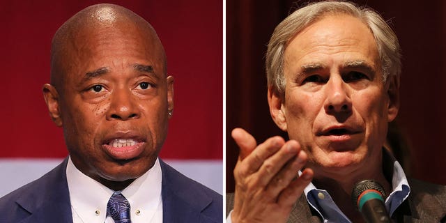 New York City Mayor Eric Adams, left, and Texas Gov. Greg Abbott, right, who disagree on immigration policy, have publicly criticizing each other. 