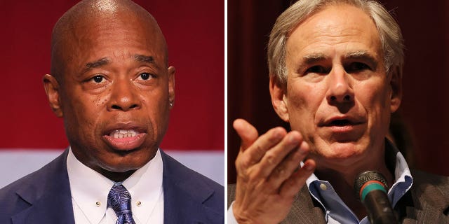 New York City Mayor Eric Adams, left, is not happy that Texas Gov. Greg Abbott is sending