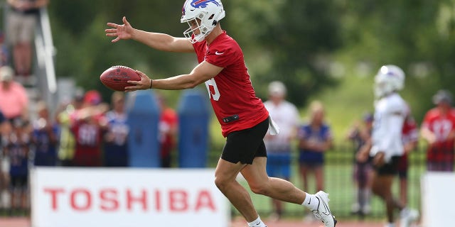 Matt Araiza #19 of the Buffalo Bills punts during Bills training camp at Saint John Fisher University on July 24, 2022 in Pittsford, New York.