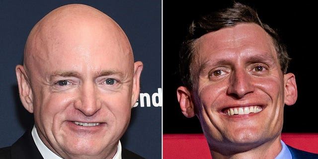 Left: Mark Kelly in New York on February 22, 2018. Right: Blake Masters in Phoenix, Arizona on August 1, 2022.