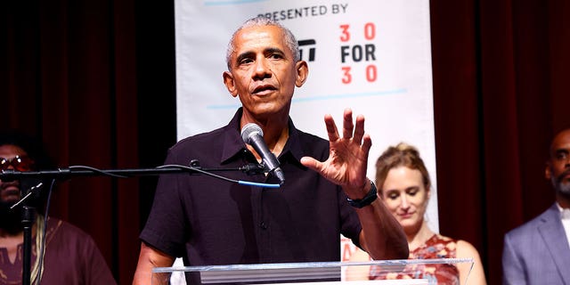 Barack Obama speaks during the premiere of Netflix's Descendant during the Martha's Vineyard African-American Film Festival at MV Performing Arts Center on August 05, 2022 in Edgartown, Massachusetts. 