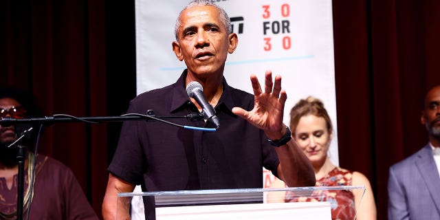 Barack Obama speaks during the premiere of Netflix's Descendant during the Martha's Vineyard African-American Film Festival at MV Performing Arts Center on August 05, 2022 in Edgartown, Massachusetts.