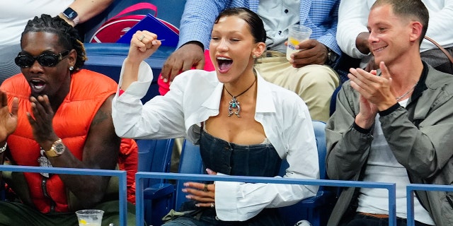 American supermodel Bella Hadid was having a blast at the U.S. Open as she excitedly cheered on Serena Williams in the stands alongside boyfriend Marc Kalman and rapper Offset.  