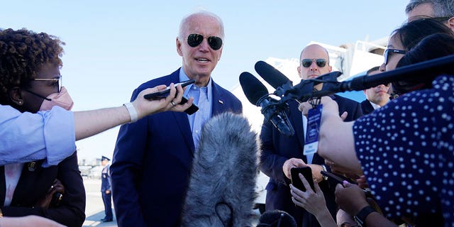 President Biden speaks to the media before boarding Air Force One for a trip to Kentucky to view flood damage on August 8, 2022 at Dover Air Force Base in Dover, Delaware.